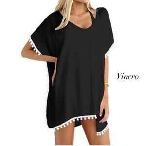 Yincro Black Chiffon White Pom Pom Trimmed Kaftan Swimsuit Cover Up NWT Size L